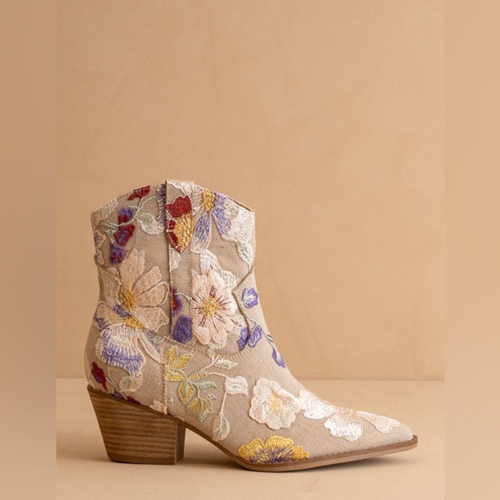 Beige khaki floral appliqué embroidered flower western cowboy boho boots shoes - Picture 8 of 8
